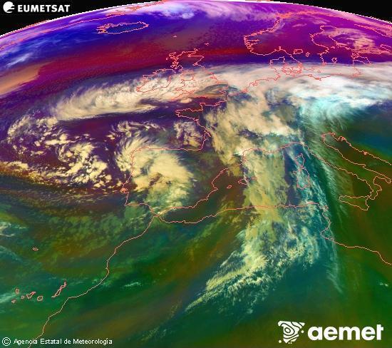 Composicin RGB na que se mesturan varias canles do satlite Meteosat operacional en 0 N 0 W, que nos d unha idea das caractersticas das masas de aire e da nebulosidade. venres, 14 novembro  2025 17:00