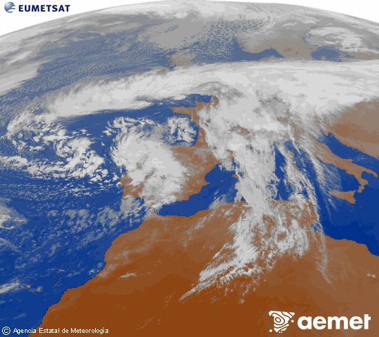 Imagen de la zona de Europa y Norte de frica del canal infrarrojo del satlite Meteosat operacional en 0N 0W, procesada para darle color. vendredi, 14 novembre  2025 17:00