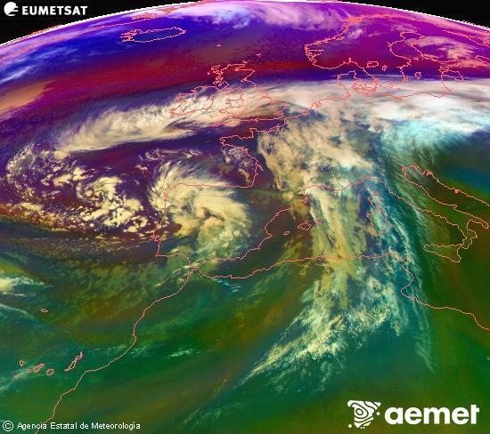 Composicin RGB na que se mesturan varias canles do satlite Meteosat operacional en 0 N 0 W, que nos d unha idea das caractersticas das masas de aire e da nebulosidade. venres, 14 novembro  2025 18:00