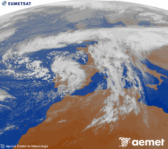 Imagen de la zona de Europa y Norte de frica del canal infrarrojo del satlite Meteosat operacional en 0N 0W, procesada para darle color. vendredi, 14 novembre  2025 18:00