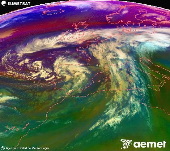 Composicin RGB na que se mesturan varias canles do satlite Meteosat operacional en 0 N 0 W, que nos d unha idea das caractersticas das masas de aire e da nebulosidade. venres, 14 novembro  2025 19:00