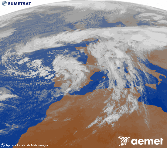 Imagen de la zona de Europa y Norte de frica del canal infrarrojo del satlite Meteosat operacional en 0N 0W, procesada para darle color. vendredi, 14 novembre  2025 19:00