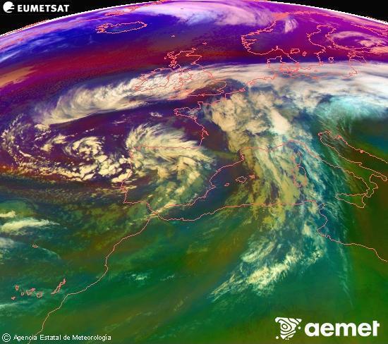 Composicin RGB na que se mesturan varias canles do satlite Meteosat operacional en 0 N 0 W, que nos d unha idea das caractersticas das masas de aire e da nebulosidade. venres, 14 novembro  2025 20:00