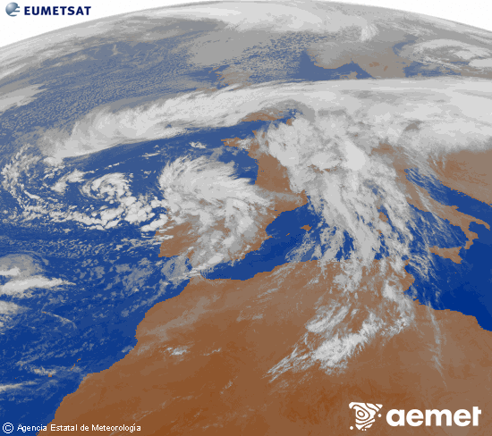 Imagen de la zona de Europa y Norte de frica del canal infrarrojo del satlite Meteosat operacional en 0N 0W, procesada para darle color. vendredi, 14 novembre  2025 20:00
