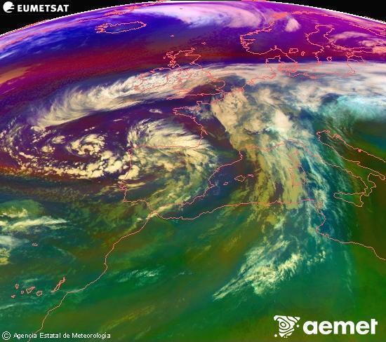 Composicin RGB na que se mesturan varias canles do satlite Meteosat operacional en 0 N 0 W, que nos d unha idea das caractersticas das masas de aire e da nebulosidade. venres, 14 novembro  2025 21:00