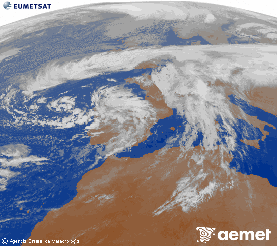 Imagen de la zona de Europa y Norte de frica del canal infrarrojo del satlite Meteosat operacional en 0N 0W, procesada para darle color. vendredi, 14 novembre  2025 21:00