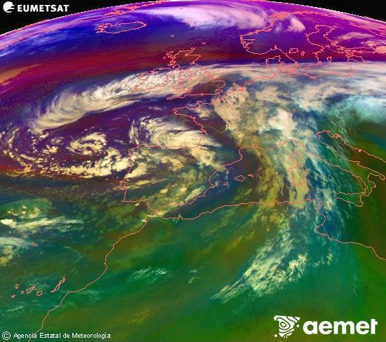 Composicin RGB na que se mesturan varias canles do satlite Meteosat operacional en 0 N 0 W, que nos d unha idea das caractersticas das masas de aire e da nebulosidade. venres, 14 novembro  2025 22:00