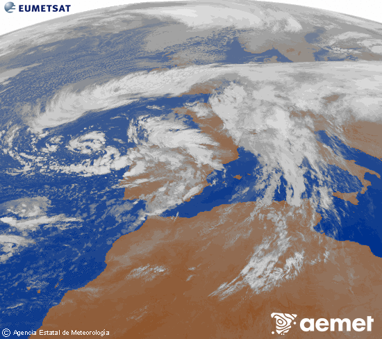 Imagen de la zona de Europa y Norte de frica del canal infrarrojo del satlite Meteosat operacional en 0N 0W, procesada para darle color. Friday, 14 November  2025 22:00