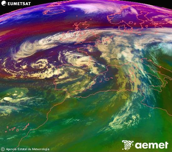 Composicin RGB na que se mesturan varias canles do satlite Meteosat operacional en 0 N 0 W, que nos d unha idea das caractersticas das masas de aire e da nebulosidade. venres, 14 novembro  2025 23:00