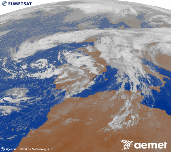 Imagen de la zona de Europa y Norte de frica del canal infrarrojo del satlite Meteosat operacional en 0N 0W, procesada para darle color. Friday, 14 November  2025 23:00
