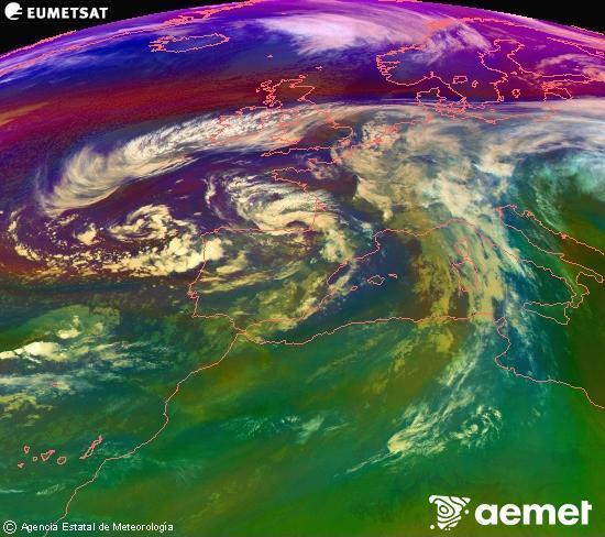 Composicin RGB na que se mesturan varias canles do satlite Meteosat operacional en 0 N 0 W, que nos d unha idea das caractersticas das masas de aire e da nebulosidade. sbado , 15 novembro  2025 00:00
