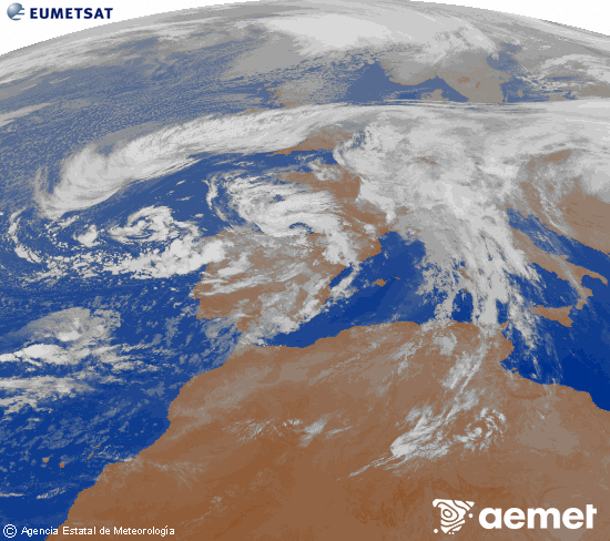 Imagen de la zona de Europa y Norte de frica del canal infrarrojo del satlite Meteosat operacional en 0N 0W, procesada para darle color. larunbata, 2025ko azaroak 15, ordua: 00:00
