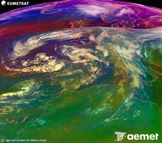 Composici RGB en la qual es barregen diversos canals del satllit Meteosat operacional en 0N 0W, que ens dna una idea de les caracterstiques de les masses d'aire i de la nuvolositat. dissabte, 15 de novembre  2025 02:00