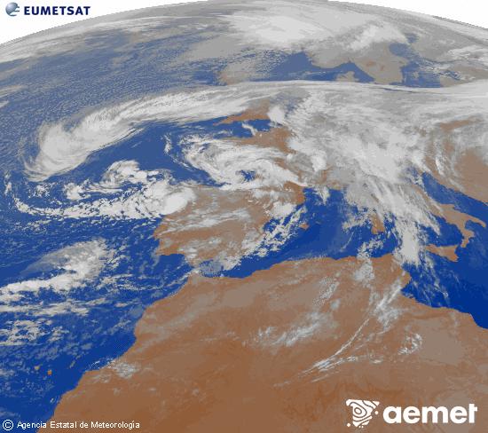 Imagen de la zona de Europa y Norte de frica del canal infrarrojo del satlite Meteosat operacional en 0N 0W, procesada para darle color. Saturday, 15 November  2025 02:00