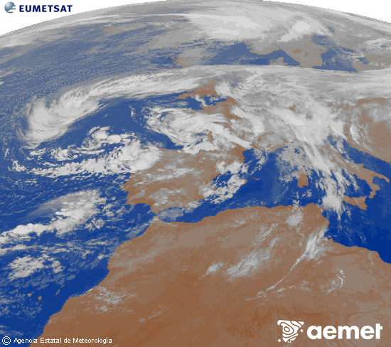 Imagen de la zona de Europa y Norte de frica del canal infrarrojo del satlite Meteosat operacional en 0N 0W, procesada para darle color. Saturday, 15 November  2025 03:00