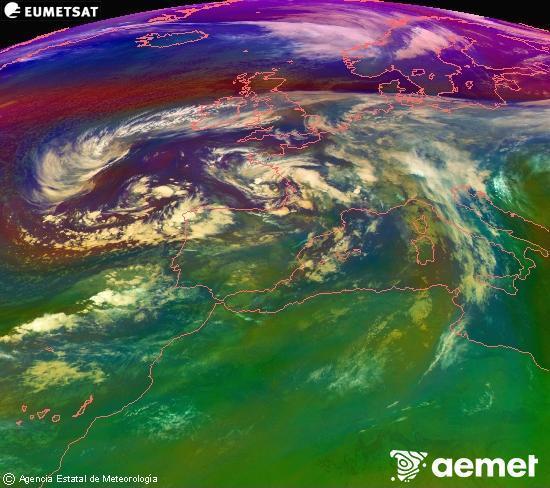 Composici RGB en la qual es barregen diversos canals del satllit Meteosat operacional en 0N 0W, que ens dna una idea de les caracterstiques de les masses d'aire i de la nuvolositat. dissabte, 15 de novembre  2025 04:00