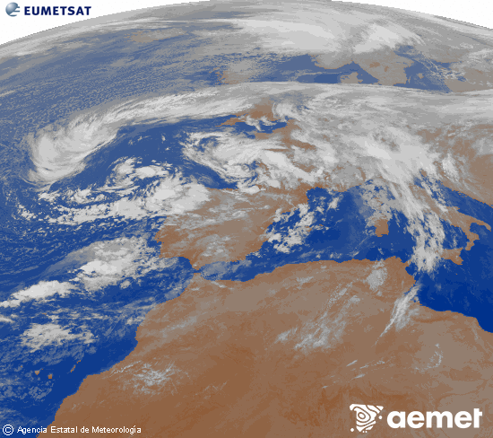 Imagen de la zona de Europa y Norte de frica del canal infrarrojo del satlite Meteosat operacional en 0N 0W, procesada para darle color. samedi, 15 novembre  2025 04:00