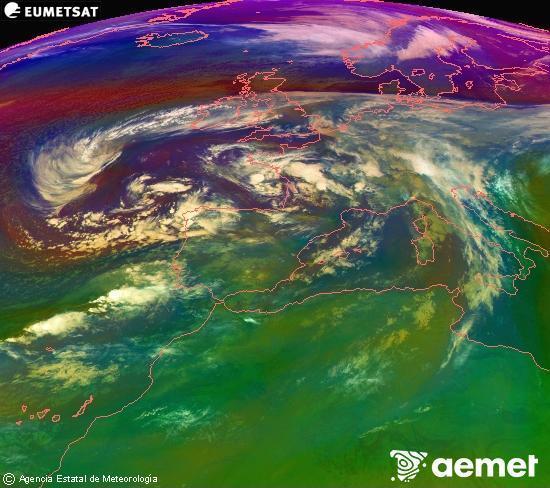 Composici RGB en la qual es barregen diversos canals del satllit Meteosat operacional en 0N 0W, que ens dna una idea de les caracterstiques de les masses d'aire i de la nuvolositat. dissabte, 15 de novembre  2025 05:00