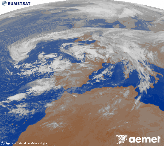Imagen de la zona de Europa y Norte de frica del canal infrarrojo del satlite Meteosat operacional en 0N 0W, procesada para darle color. sbado, 15 noviembre 2025 a las 05:00