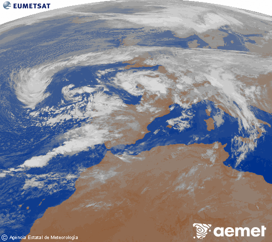 Imagen de la zona de Europa y Norte de frica del canal infrarrojo del satlite Meteosat operacional en 0N 0W, procesada para darle color. samedi, 15 novembre  2025 07:00