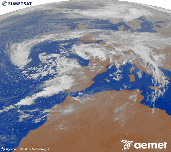 Imatge de la zona d'Europa i Nord d'frica del canal infraroig del satllit Meteosat operacional en 0N 0W, processada per a donar-li color. dissabte, 15 de novembre  2025 08:00