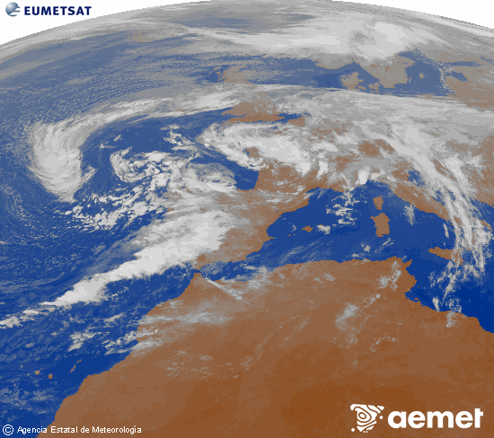 Imatge de la zona d'Europa i Nord d'frica del canal infraroig del satllit Meteosat operacional en 0N 0W, processada per a donar-li color. dissabte, 15 de novembre  2025 09:00