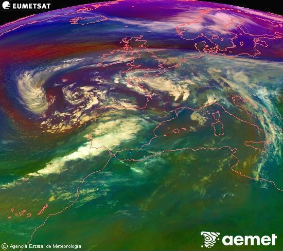 Composici RGB en la qual es barregen diversos canals del satllit Meteosat operacional en 0N 0W, que ens dna una idea de les caracterstiques de les masses d'aire i de la nuvolositat. dissabte, 15 de novembre  2025 10:00