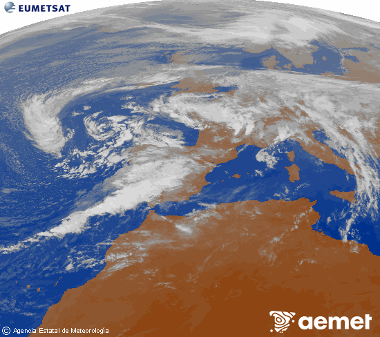 Imagen de la zona de Europa y Norte de frica del canal infrarrojo del satlite Meteosat operacional en 0N 0W, procesada para darle color. larunbata, 2025ko azaroak 15, ordua: 10:00