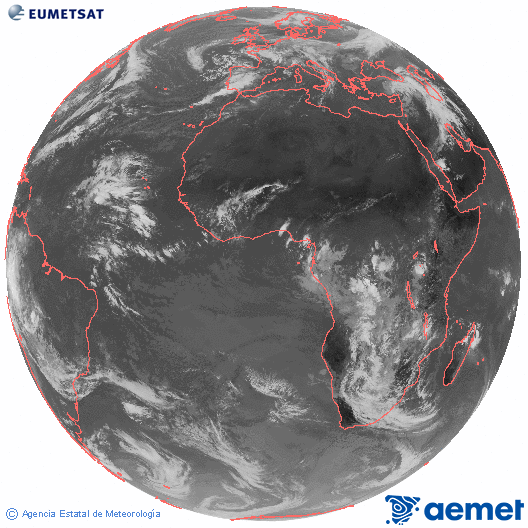 Imaxe global da canle infravermella (10.8 μm) do satlite  Meteosat, pertencente  serie MSX (Meteosat Segunda Xeracin) e situado en 0N 0E. sbado , 15 novembro  2025 10:00