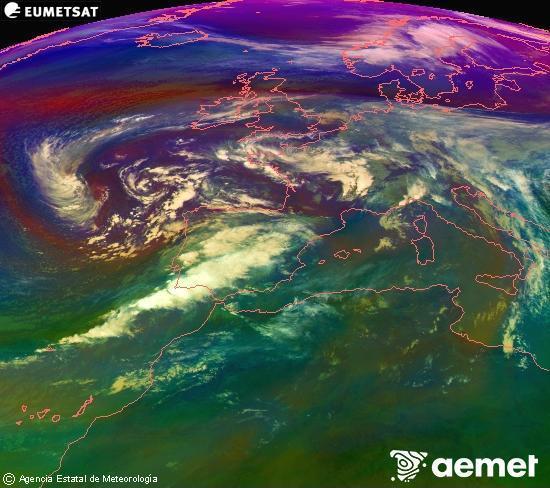 Composici RGB en la qual es barregen diversos canals del satllit Meteosat operacional en 0N 0W, que ens dna una idea de les caracterstiques de les masses d'aire i de la nuvolositat. dissabte, 15 de novembre  2025 11:00