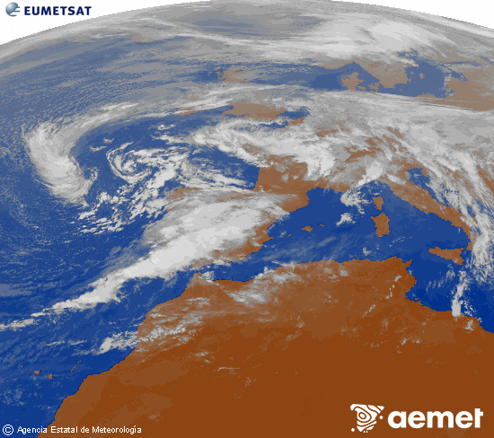 Imagen de la zona de Europa y Norte de frica del canal infrarrojo del satlite Meteosat operacional en 0N 0W, procesada para darle color. sbado, 15 noviembre 2025 a las 11:00