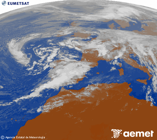 Imagen de la zona de Europa y Norte de frica del canal infrarrojo del satlite Meteosat operacional en 0N 0W, procesada para darle color. sbado, 15 noviembre 2025 a las 12:00