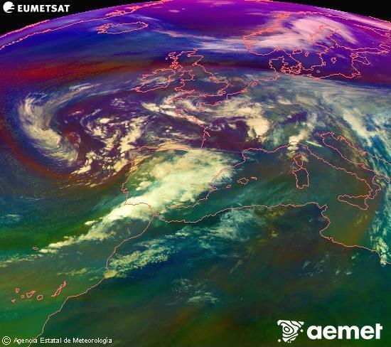 Composici RGB en la qual es barregen diversos canals del satllit Meteosat operacional en 0N 0W, que ens dna una idea de les caracterstiques de les masses d'aire i de la nuvolositat. dissabte, 15 de novembre  2025 13:00