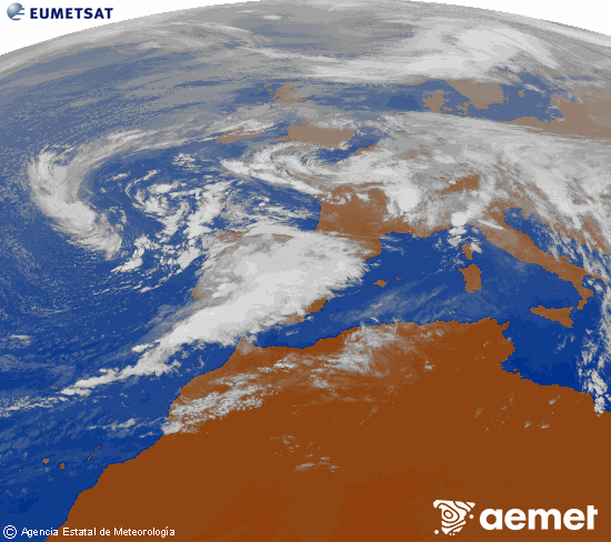 Imagen de la zona de Europa y Norte de frica del canal infrarrojo del satlite Meteosat operacional en 0N 0W, procesada para darle color. larunbata, 2025ko azaroak 15, ordua: 13:00