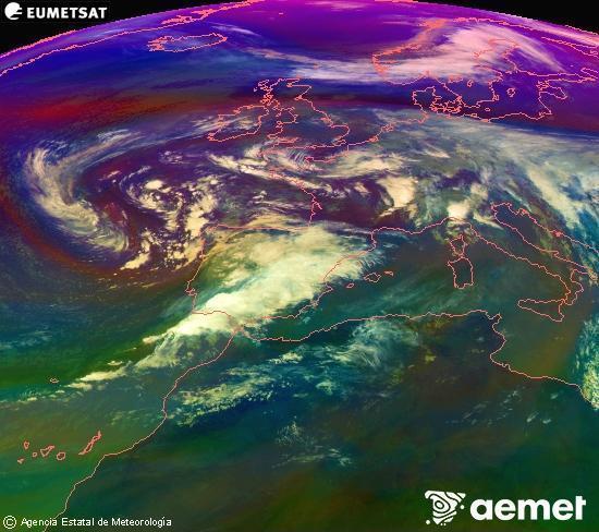 Composici RGB en la qual es barregen diversos canals del satllit Meteosat operacional en 0N 0W, que ens dna una idea de les caracterstiques de les masses d'aire i de la nuvolositat. dissabte, 15 de novembre  2025 14:00