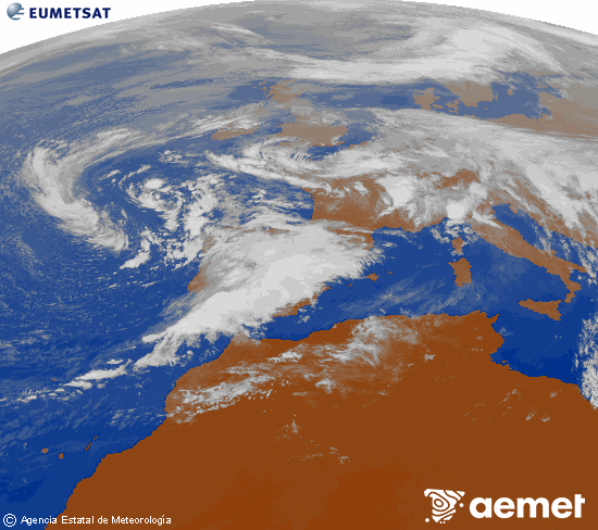 Imagen de la zona de Europa y Norte de frica del canal infrarrojo del satlite Meteosat operacional en 0N 0W, procesada para darle color. larunbata, 2025ko azaroak 15, ordua: 14:00