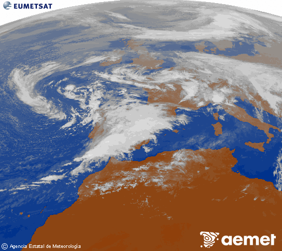 Imagen de la zona de Europa y Norte de frica del canal infrarrojo del satlite Meteosat operacional en 0N 0W, procesada para darle color. dissabte, 15 de novembre  2025 15:00