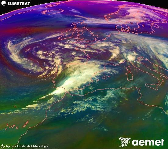 Composici RGB en la qual es barregen diversos canals del satllit Meteosat operacional en 0N 0W, que ens dna una idea de les caracterstiques de les masses d'aire i de la nuvolositat. dissabte, 15 de novembre  2025 16:00