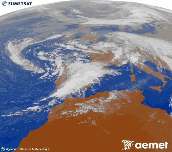 Imagen de la zona de Europa y Norte de frica del canal infrarrojo del satlite Meteosat operacional en 0N 0W, procesada para darle color. dissabte, 15 de novembre  2025 16:00