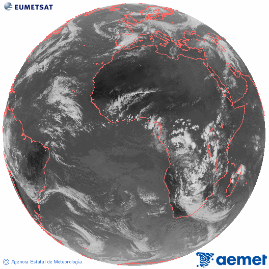 Imaxe global da canle infravermella (10.8 μm) do satlite  Meteosat, pertencente  serie MSX (Meteosat Segunda Xeracin) e situado en 0N 0E. sbado , 15 novembro  2025 16:00