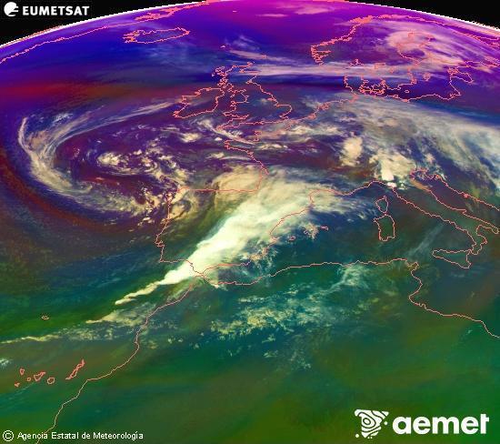 Composici RGB en la qual es barregen diversos canals del satllit Meteosat operacional en 0N 0W, que ens dna una idea de les caracterstiques de les masses d'aire i de la nuvolositat. dissabte, 15 de novembre  2025 18:00