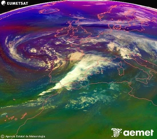 Composici RGB en la qual es barregen diversos canals del satllit Meteosat operacional en 0N 0W, que ens dna una idea de les caracterstiques de les masses d'aire i de la nuvolositat. dissabte, 15 de novembre  2025 19:00