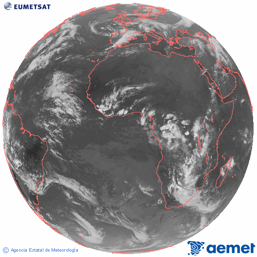 Imaxe global da canle infravermella (10.8 μm) do satlite  Meteosat, pertencente  serie MSX (Meteosat Segunda Xeracin) e situado en 0N 0E. sbado , 15 novembro  2025 19:00