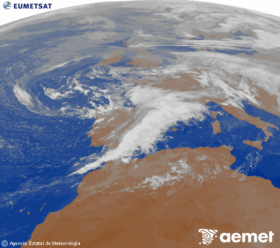 Imagen de la zona de Europa y Norte de frica del canal infrarrojo del satlite Meteosat operacional en 0N 0W, procesada para darle color. dissabte, 15 de novembre  2025 22:00