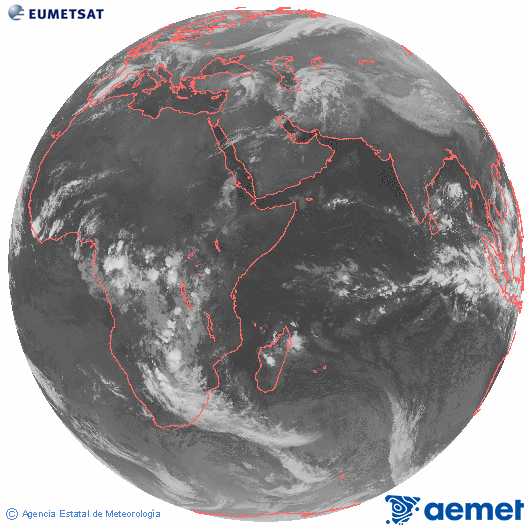 Ocano ndico. Imaxe global da canle infravermella (10.8μm) de Meteosat, pertencente  serie MSX (Meteosat Segunda Xeracin) e situado en 41.5°E. sbado , 15 novembro  2025 22:00