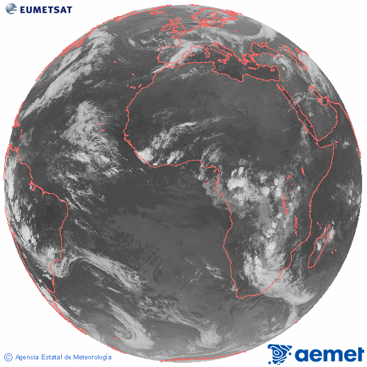 Imaxe global da canle infravermella (10.8 μm) do satlite  Meteosat, pertencente  serie MSX (Meteosat Segunda Xeracin) e situado en 0N 0E. sbado , 15 novembro  2025 22:00