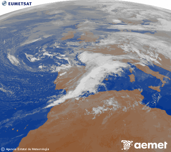 Imagen de la zona de Europa y Norte de frica del canal infrarrojo del satlite Meteosat operacional en 0N 0W, procesada para darle color. samedi, 15 novembre  2025 23:00