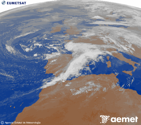 Imagen de la zona de Europa y Norte de frica del canal infrarrojo del satlite Meteosat operacional en 0N 0W, procesada para darle color. dimanche, 16 novembre  2025 00:00