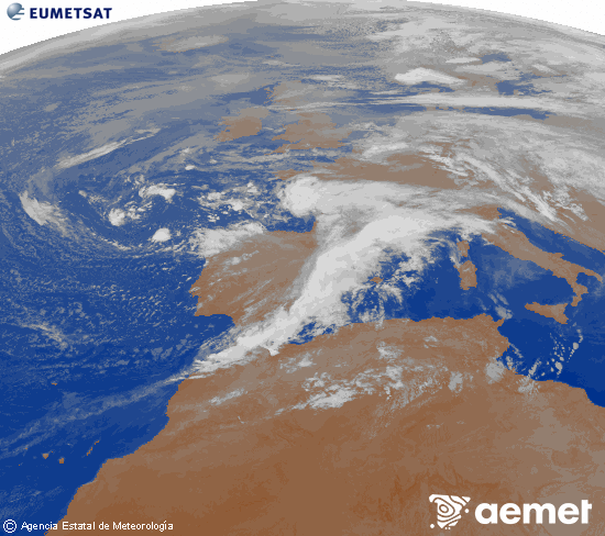 Imagen de la zona de Europa y Norte de frica del canal infrarrojo del satlite Meteosat operacional en 0N 0W, procesada para darle color. domingo, 16 noviembre 2025 a las 01:00