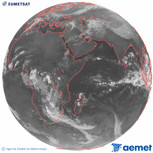 Ocano ndico. Imaxe global da canle infravermella (10.8μm) de Meteosat, pertencente  serie MSX (Meteosat Segunda Xeracin) e situado en 41.5°E. domingo, 16 novembro  2025 01:00